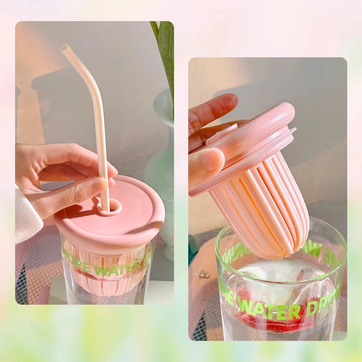 Cute Korean  Glass Cup With Lid And Straw Infuser Large Glass Bottle Aesthetic For Water Tea Juice Drinking Bottle Gift 750ml