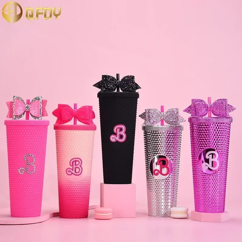 

Durian cup，Rhinestone Women Glitter Cup ，Double layer plastic straw cup 710ml large capacity straw cup with bow tie, tie cup