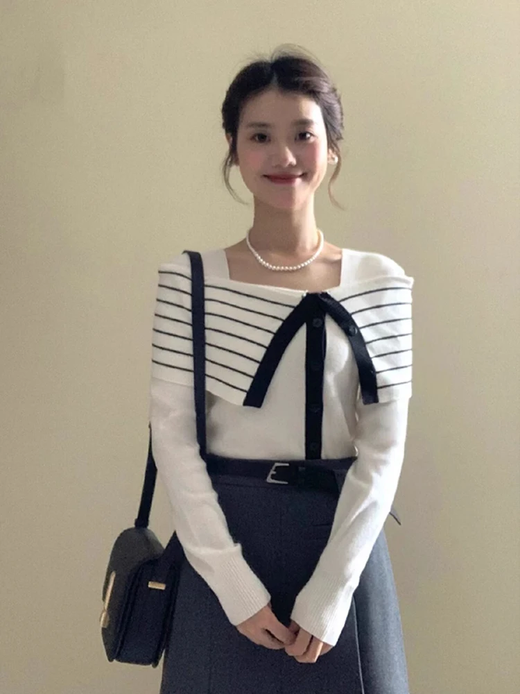 

Irregular Design Stripe Knitted Long Sve One-oulder Fake Two-Piece Autumn Winter Slimming Top Korean Sle Commute