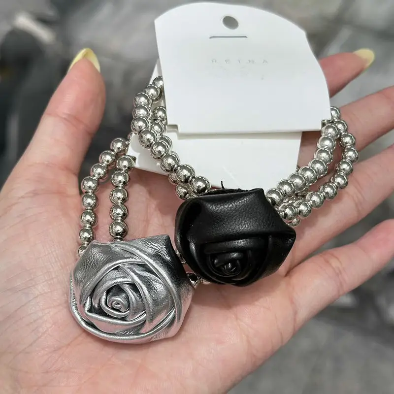 Sweet and Cool Style Silver Bead String PU Leather Rose Bud Fashionable Caring Personality Silver Hairrope Ponytail Leather Band