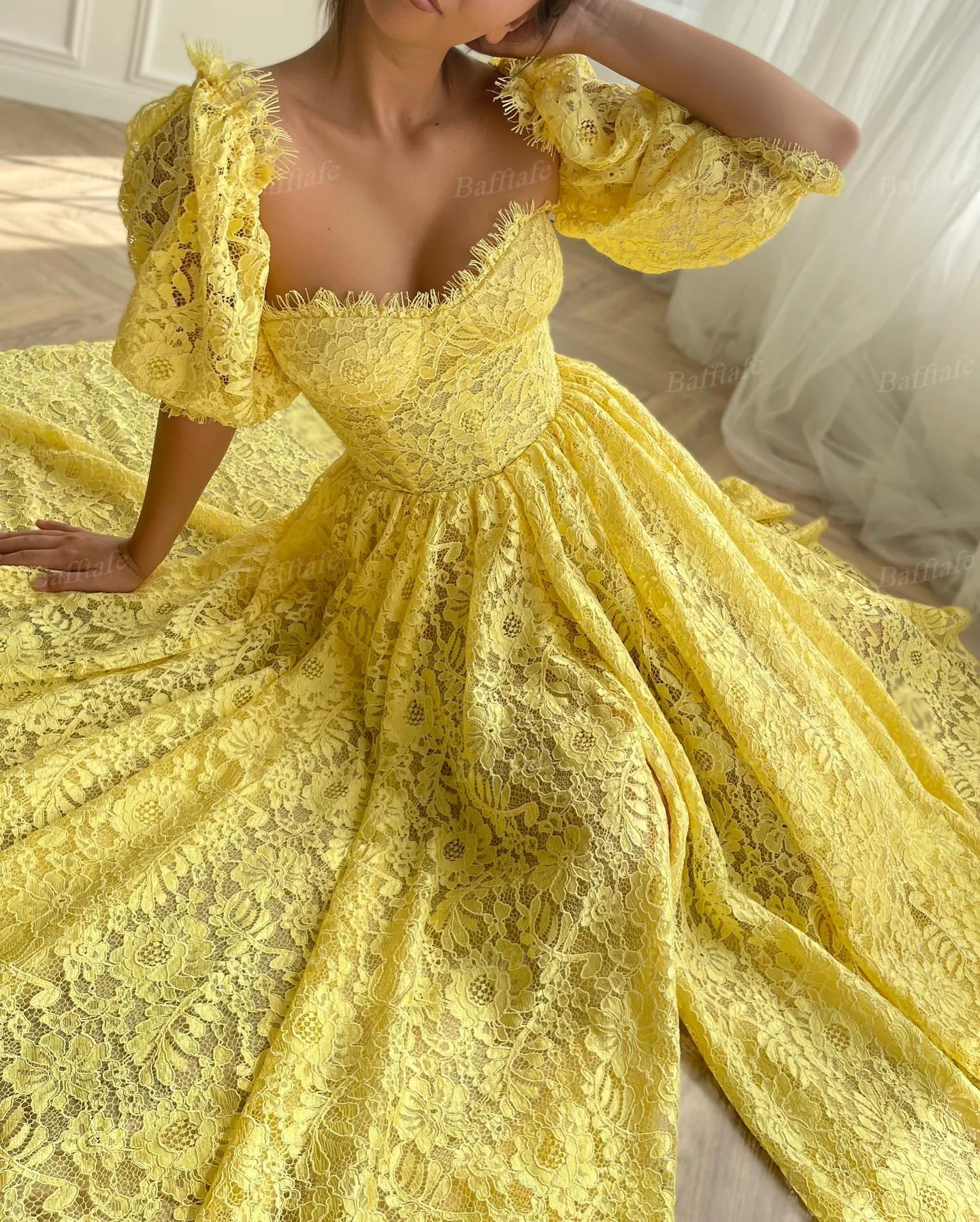 yellow lace dresses Nadine Merabi Miranda Dress 14 Designed in custom Lady Black Tie - Size
