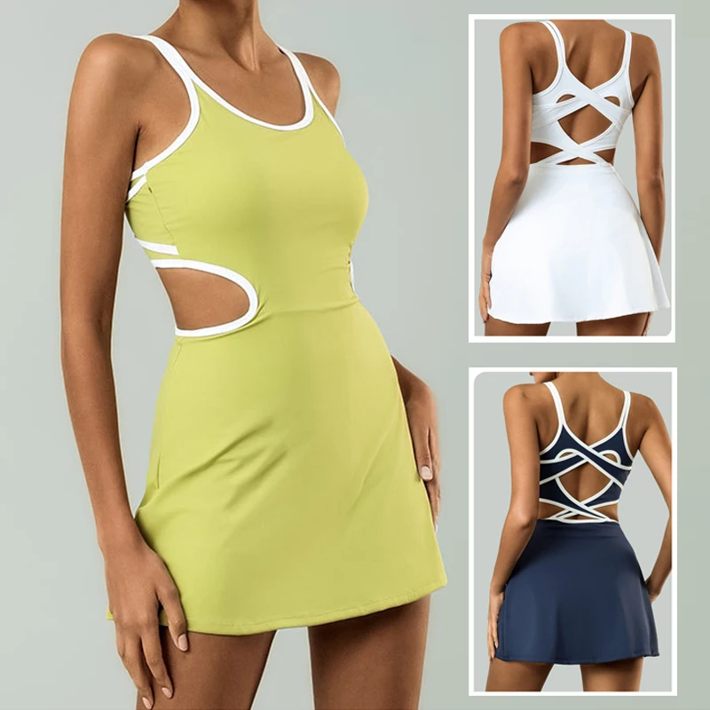 

Платье для гольфа и тенниса для женщин, спортивная одежда, без рукавов, с вырезом сзади и шортами, нагрудник, спортивная юбка для бадминтона, пиклбола