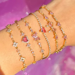 New Fashion Y2K Exquisite Sweet Pink Zircon Bowknot Love Heart Chain Bracelet For Women Girls Party Birthday Jewelry Gift