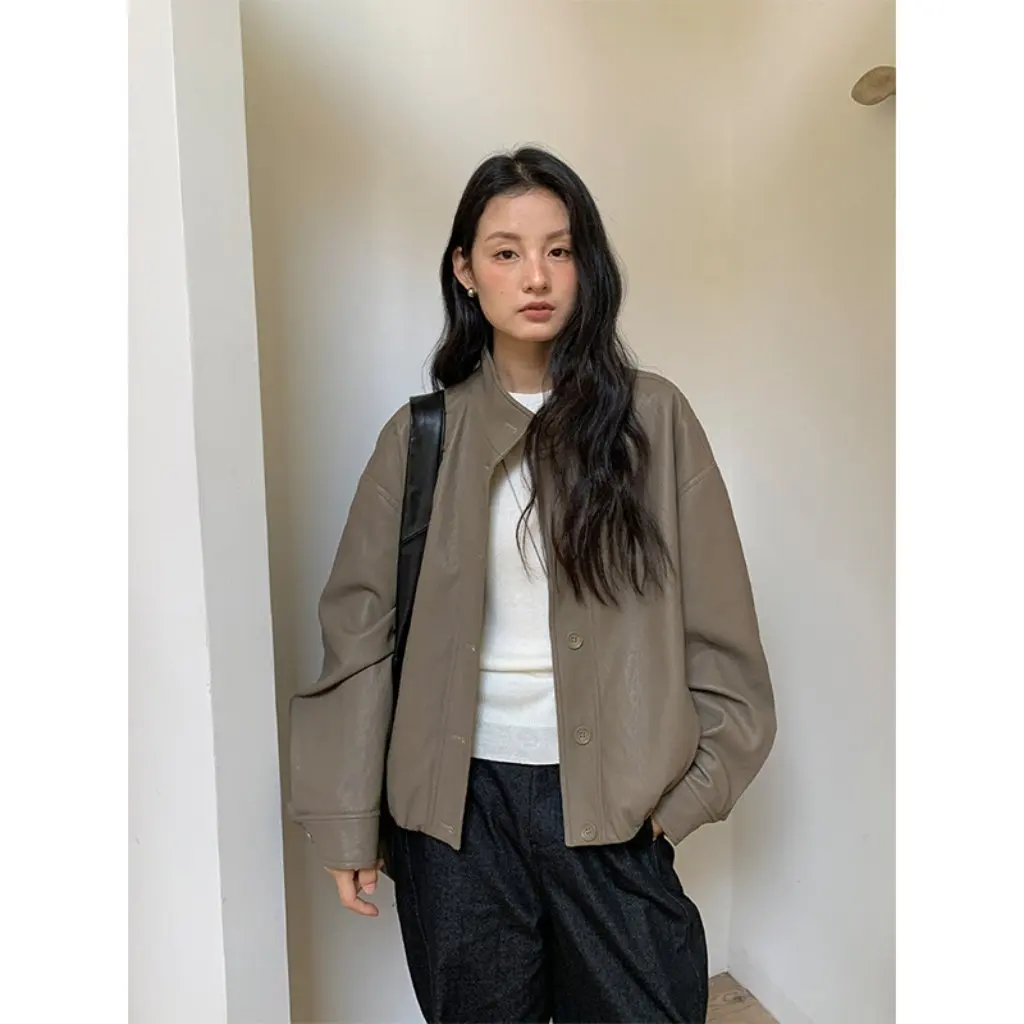 

Mind Single-Button PU Leather Jacket Korean Style Minimalist Small Size Coat Outerwear New Arrival Autumn T5502Q