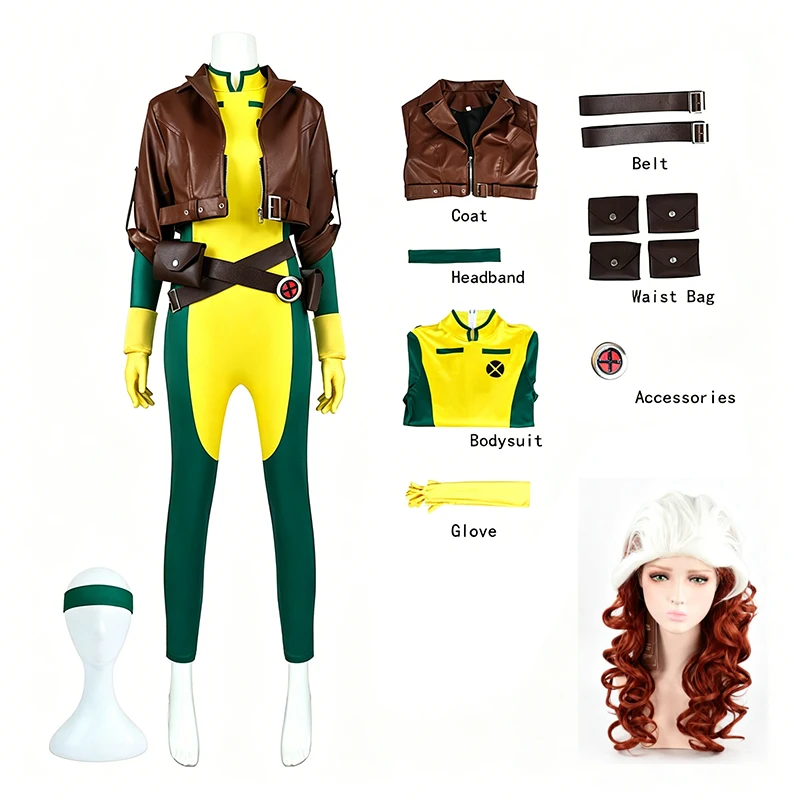 Disfraz de Mujer Pícara Titania Rogue X-Men 97 Set Completo Malla Amarilla y Verde Chaqueta de Cuero Corta Cinturón Bolsos Laterales Guantes Amarillos Diadema Verde Traje Fiesta Halloween para Comic Con