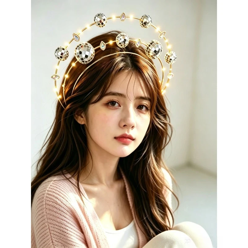 Silver Double Ring Disco Headband - Y2K Cyberpunk Halo Crown with Mirror Disc Balls - Cosplay Future Style Hair Jewelry