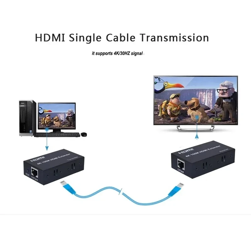 4K HDMI Extender 100M over Single Cat5E/6 Cable HDMI Ethernet Extender Transmit Extension Repeater with EDID for PC HDTV Laptop