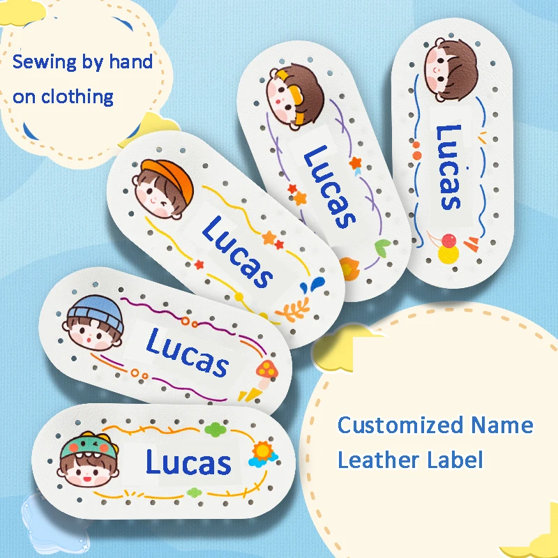 Customized Leather Name Label Cartoon Pattern Colorful Print For Kids Sewable on Children Clothes Bag Towel Name Sticker Tag