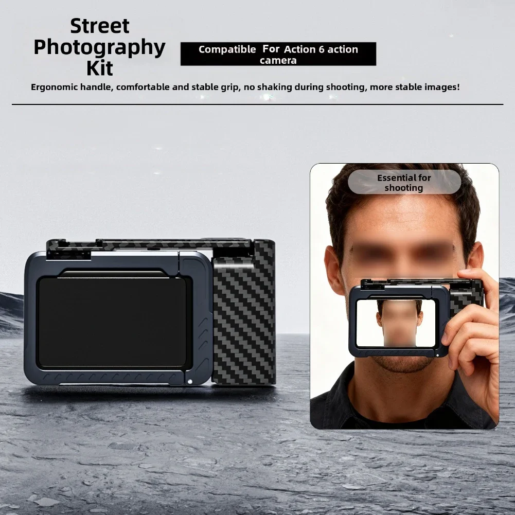 For DJI OSMO-Action 6 Street Photography Kit Stylish Wood Grain Action Camera Metal Rabbit Cage With Frame & Handle Photography