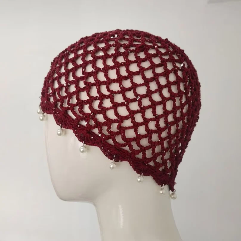 

Fashion Hollowed Out Woven Pullover Hats Crochet Breathable Beret Cap Pearl Fringed Retro Beanies Cap or Women Summer