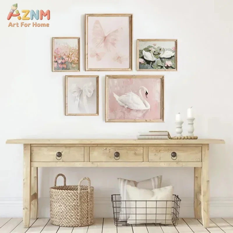 AZNM Soft Pink Swan Butterfly Floral Canvas Wall Art, Watercolor Gentle Animal Botanical Unframed Print For Baby Girl Nursery Be
