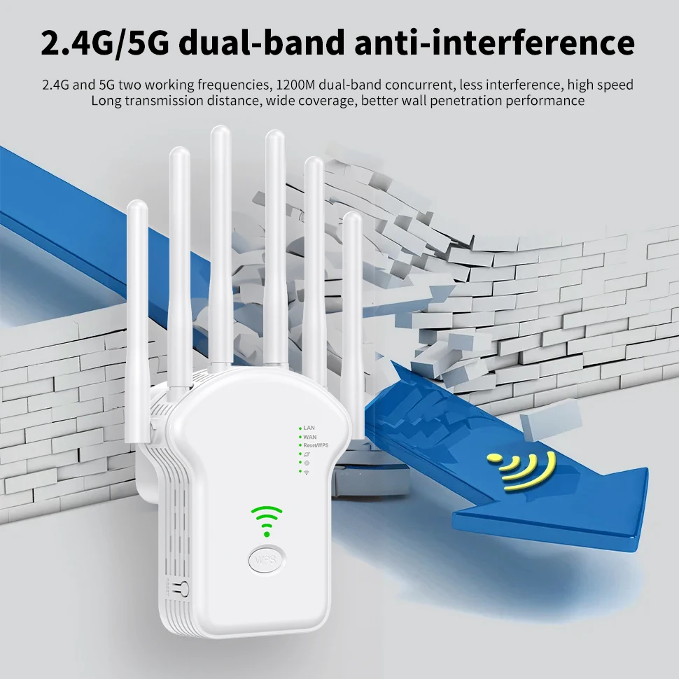 1200Mbps WiFi Repeater Dual Band Wireless Amplifier 2.4G 5GHz Network Long Range Signal Booster For Home Office Wi-Fi Repeater