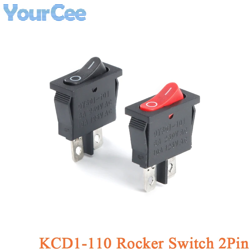 5Pcs KCD1-110 Mini Thin Flat Rocker Switch 2 Pin Red Black 9.5*21MM Boat Snap-in Instrument Small Switch 6A/250V 10A/125V AC