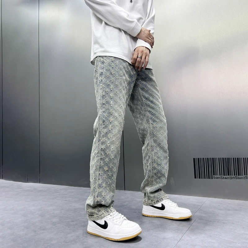 

2025 Street American retro high street men's jeans personalized jacquard loose straight tide fashionable versatile long pants