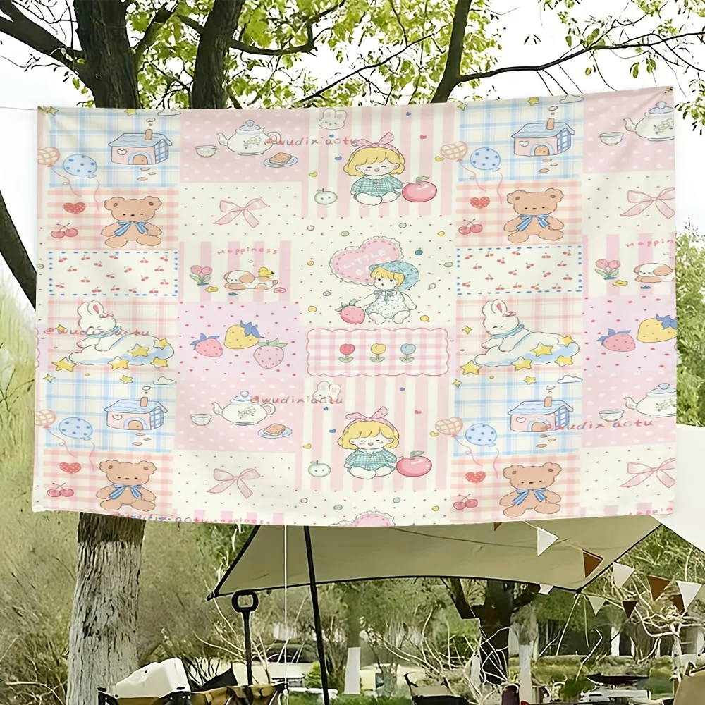 VIKAMA Japanese Soft Cute Patchwork Tapestry, Pink Grid Cartoon Heart Wall Art for Bedroom Living Room Dorm