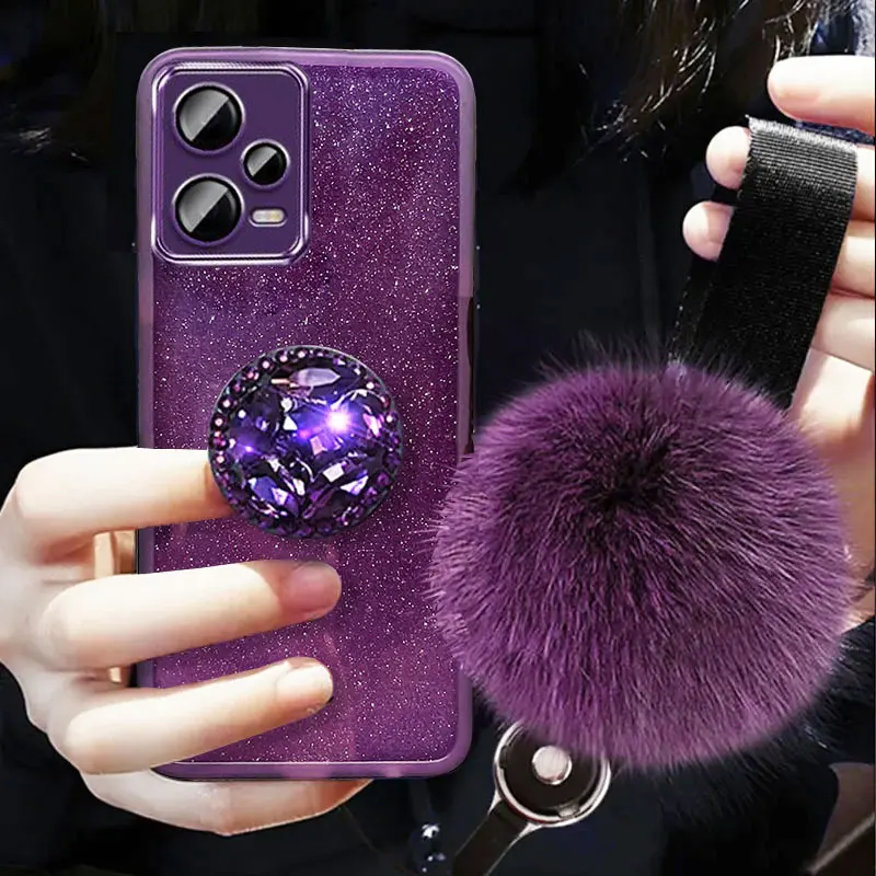 Redmi Note12 pro 5G Case Luxury Diamond Holder Cover For Xiaomi Redmi note 12 pro poco F5 X6 X5 pro Case With Fur ball Lanyard