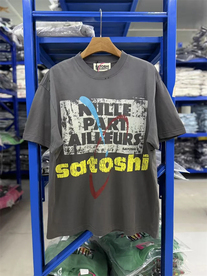 Summer SN Letter Printed Washed Vintage Street Casual Loose Short Sleeve Cotton Versatile Round Neck Oversize Trendy Men T-shirt