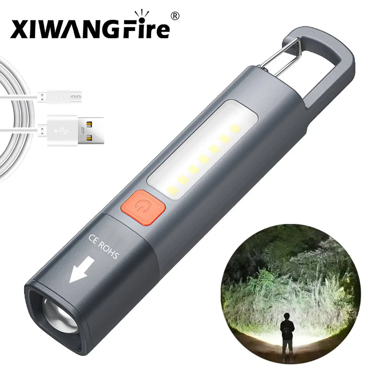 

LED Torch Light XPE COB Side Light Protable Flashlight with Hook Camping Light USB Rechargeable Zoomable Waterproof Lantern