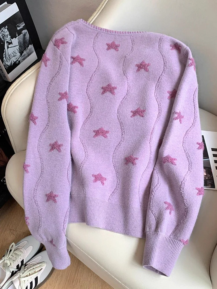 Zoki Sterren Print Vintage Vest Vrouwen Casual Leuke Lange Mouw Losse Gebreide Trui Koreaanse Retro O Hals Vrouwelijke Paars Tops Nieuw