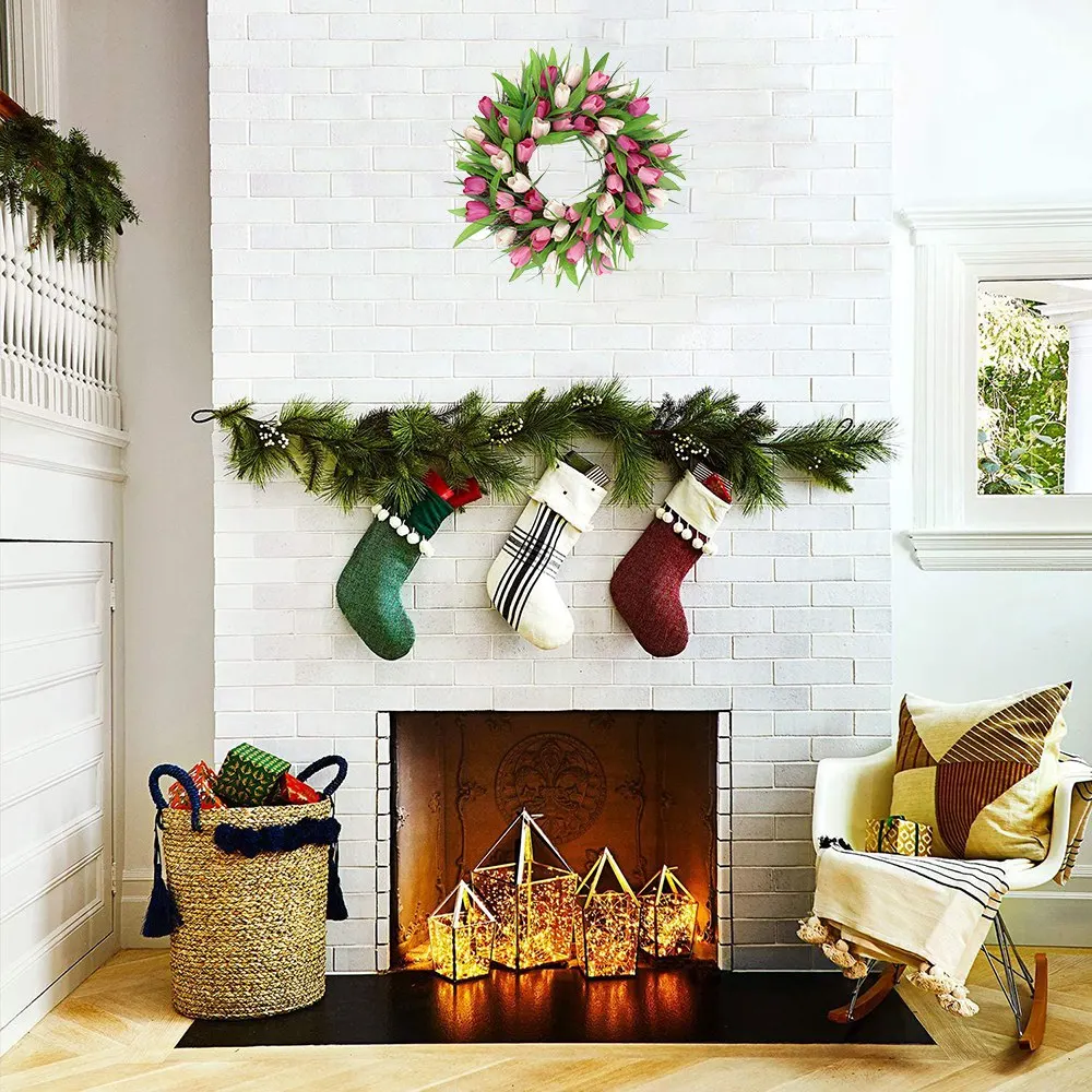 إكليل توليب اصطناعي طازج إكليل الربيع والصيف للباب الأمامي ونافذة الحائط وحفلات الزفاف والمزرعة والحديقة والمكتب والمنزل