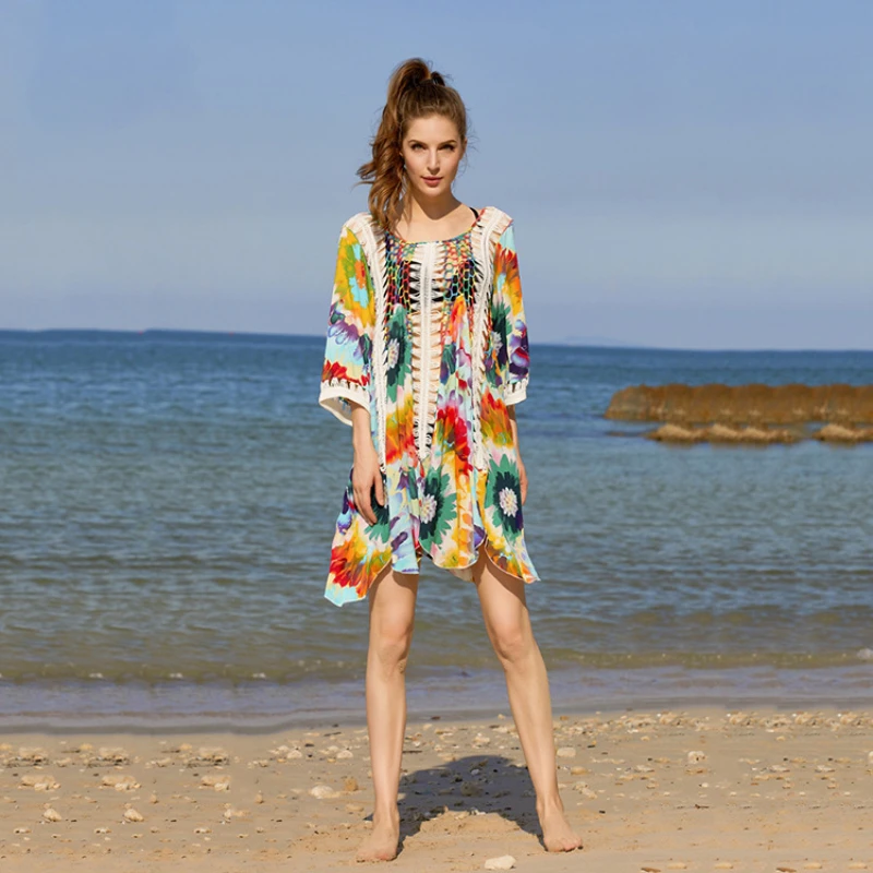 Colourful Print Bikini Cover Ups Women Summer 2023 Beach Dress Patchwork Hollow Out Crochet Wave Hem Loose Long Cape Vestido