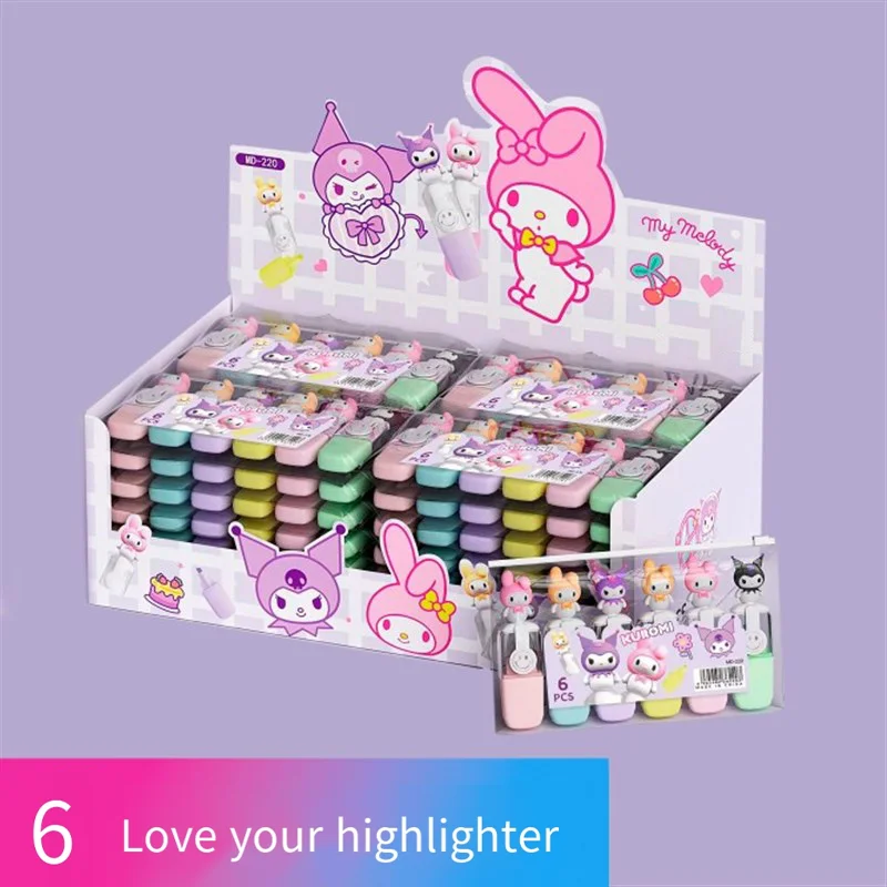 Sanrio Series Marker Highlighter Cartoon Kuromi 6Pcs Creative Modeling Graffiti Handheld Pen Key Marker Student Stationery