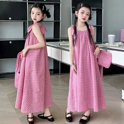 Beautiful Girls Summer Dress Sweet Small Flowers Jacquard Children's Long Dresses +Bag Fashion Holiday Beach Loose Dress 5-13yrs