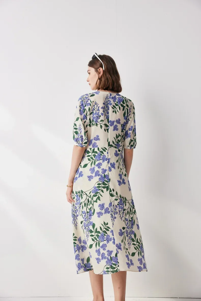 Kurzarm-Seidenkleid für Damen, 2024, Sommer, neues florales französisches Kleid mit Rüschenrand und doppeltem Krepp-Maulbeerseide