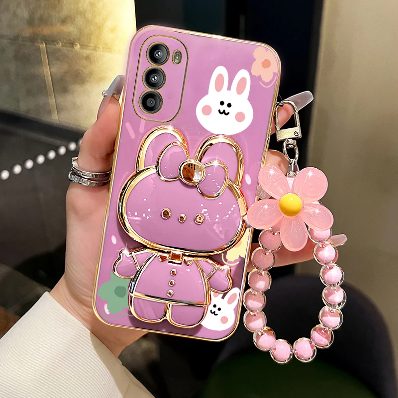 MotorolaG52 Flower Strap Rabbit Makeup Mirror Phone Holder Case On For Mototola Moto G52 2022 G82 G71S MotoG52 MotoG71S Cover