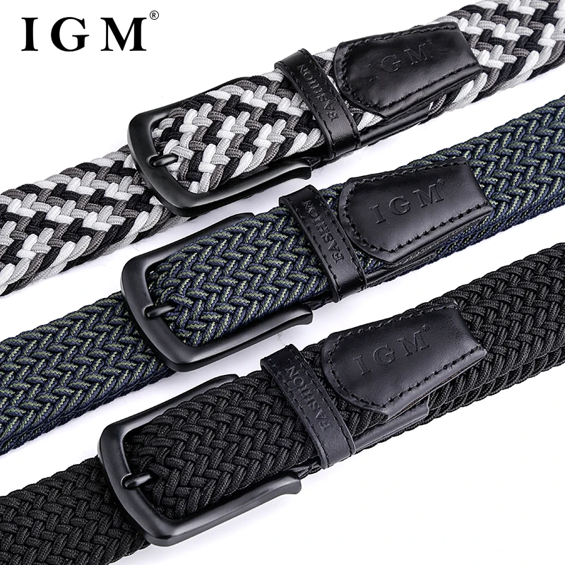 Men Fashion Metal Pin Buckle Male Canvas Pants Jeans Top Layer Cow Leather Braided Elastic Belt