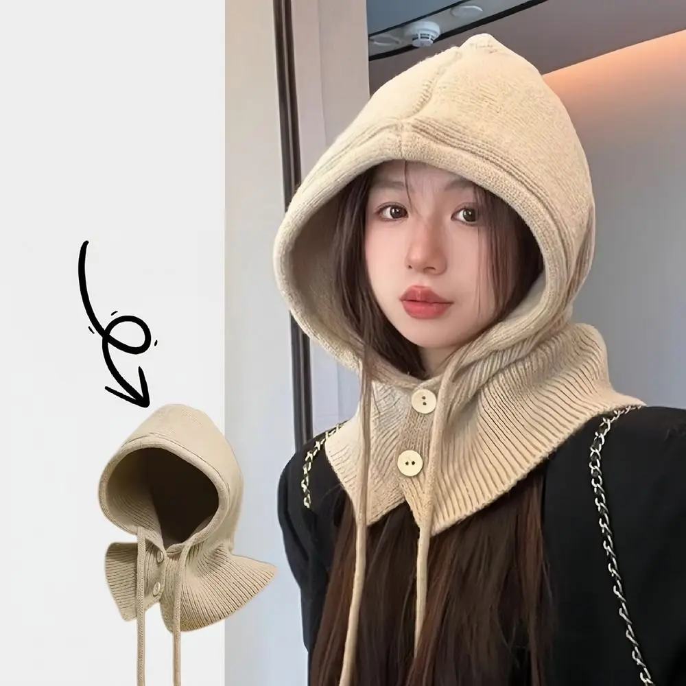 Fashion Warm Knitted Scarf And Cap Set Windproof Thermal Integrated Scarf Drawstring Cap Women