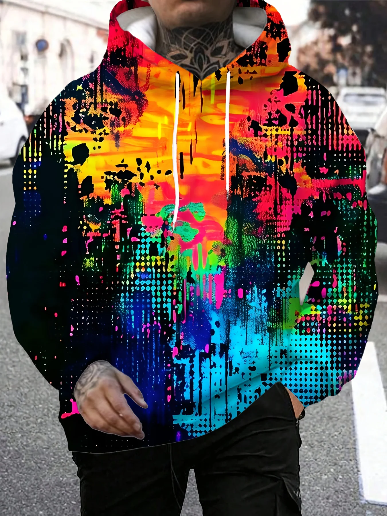 Men Colorful Splash Graffiti Drip Paint Halftone Abstract 3D All Over Print Hoodie Street Art Casual Long Sleeve Sweatshirt