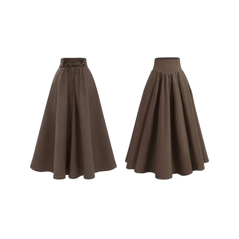 NEW-Women High Waist A Line Maxi Skirt Drawstring Adjustable Waist Plus Size Flowy Long Skirt