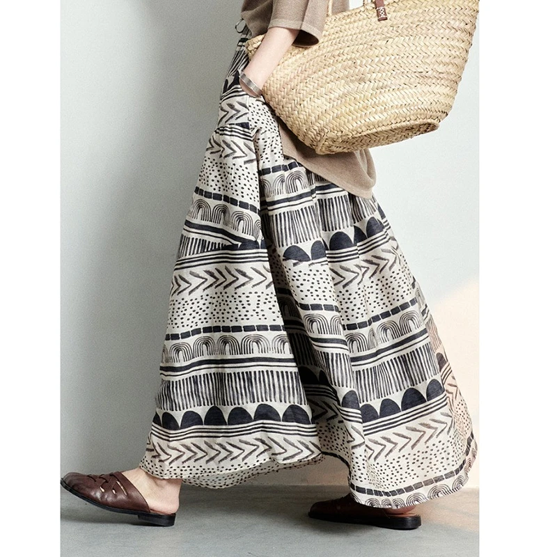 

Новое поступление в богемном стиле, летняя женская универсальная свободная повседневная полосатая юбка трапециевидной формы, хлопковые льняные юбки до середины икры T92