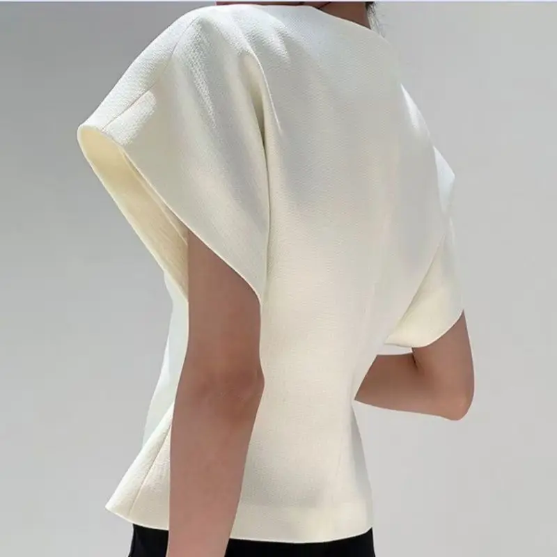 Batwing Sleeve French Chic Elegant Commuter Women's Asymmetric One Button V-Neck Slim Fit Suit Vest Top Gold Button Trim Tailore