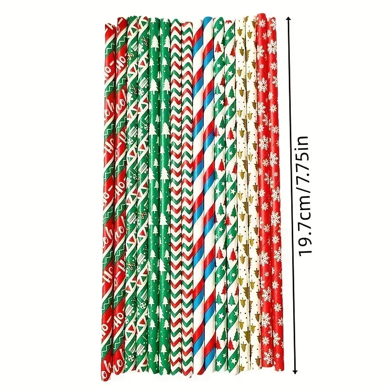 25-100Pcs Christmas Kraft Paper Straw Colorful Print Disposable Paper Drinking Straws Xmas New Year Party Home Decor Supplies