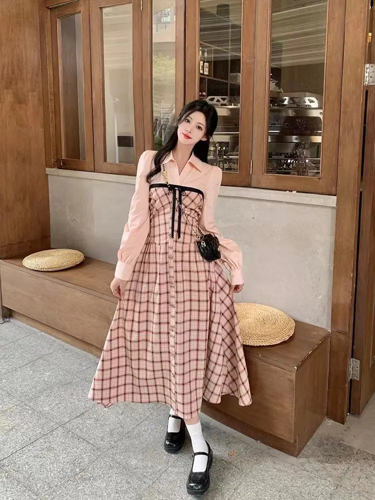 Pink Checkered Sweet Long Sleeved Dress with Feminine Temperament Fake Two-piece Spliced Shirt Skirt Waist Cinched A-line Skirt