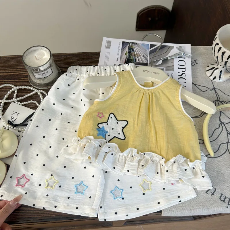 

2025 New Summer Girls' Pentagram Splicing Wave Point Bottom Sleeveless Tank Top and Wide Leg Pants Two Piece Set