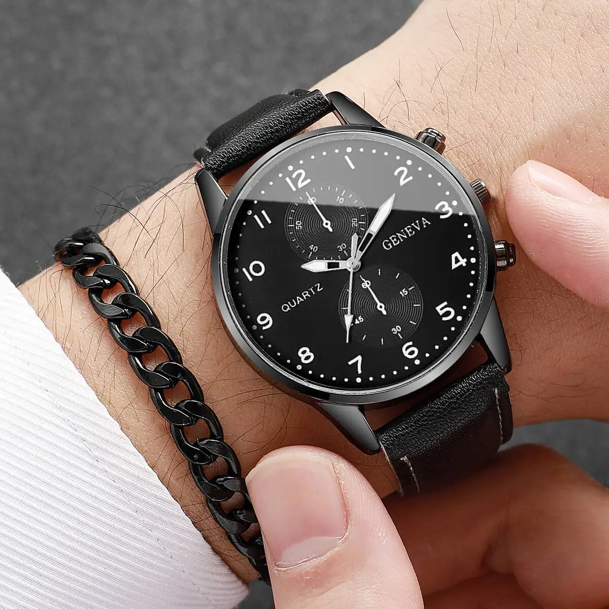 4 개/대 패션 남자 시계 캐주얼 가죽 밴드 아날로그 석영 손목 시계 남자 비즈니스 시계 선물 쥬얼리 세트 (상자 제외)