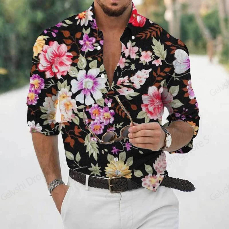 Men's Shirts Long Sleeve Floral Hawaiian Shirt Men Women Fashion Casual Button Up Flower Blouse Mens Clothing Gift Street Camisa