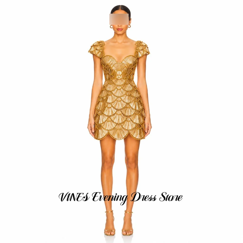 VINES Luxury Gold Sweetheart Evening Dress Heavy Beaded Fan Scale Prom Gown Mini Short Cap Sleeve Cocktail Party Gown Customized