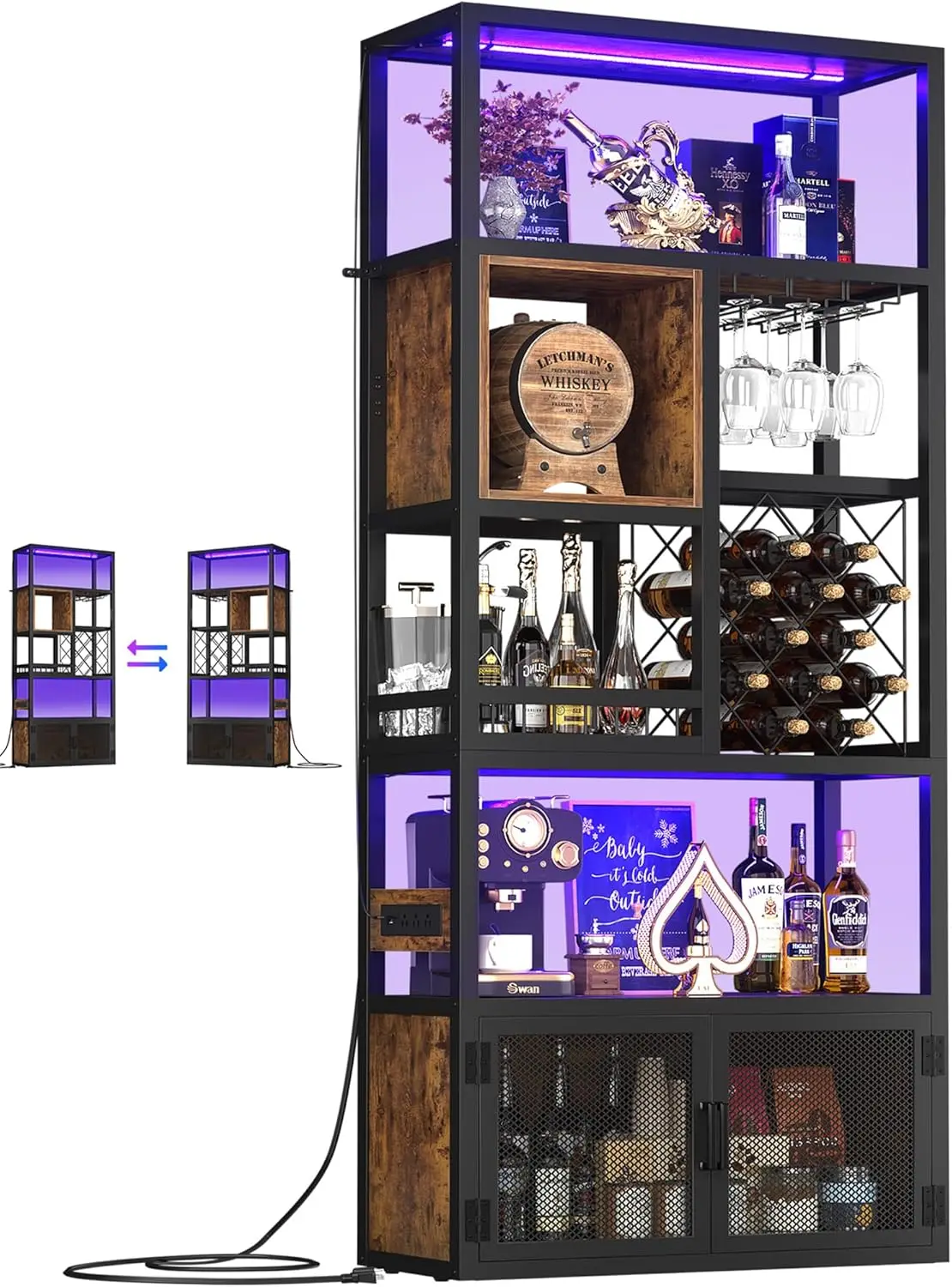 

82.6" Tall Bar Cabinet with Power Outlets & LED Lights, Liquor Cabinet Bar for Home, Reversible Coffee Station Wine Cabinet with