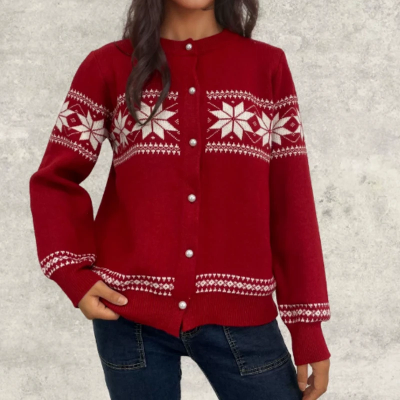 

Fall/Winter 2025 Loose Knitwear Round Neck Snowflake Christmas Women's Cardigan Sweater Coat