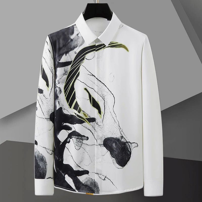 

Luxury Art Printing Men Shirt Slim Long Sleeve Hombre Shirt Streetwear Print Social Club Party Dress Shirt Formal Dress Shirt