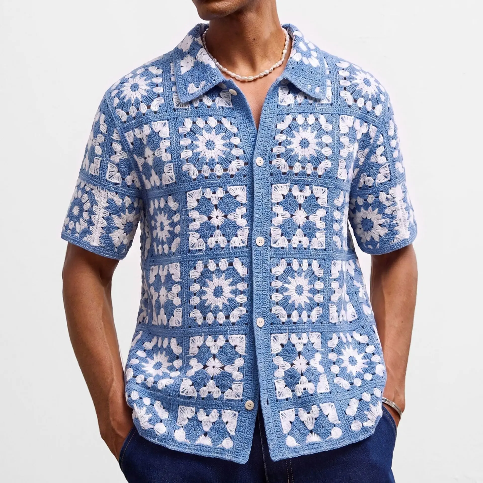 Camisa polo de manga corta con diseño a cuadros azules y blancos, tejida a crochet, estilo casual para hombre, novedad de verano.