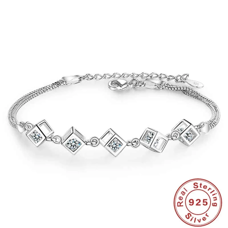

S925 Sterling Silver Bracelet Aaa Zircon Crystal Rubik's Cube Love Bracelet For Women's Engagement Wedding Jewelry Gift