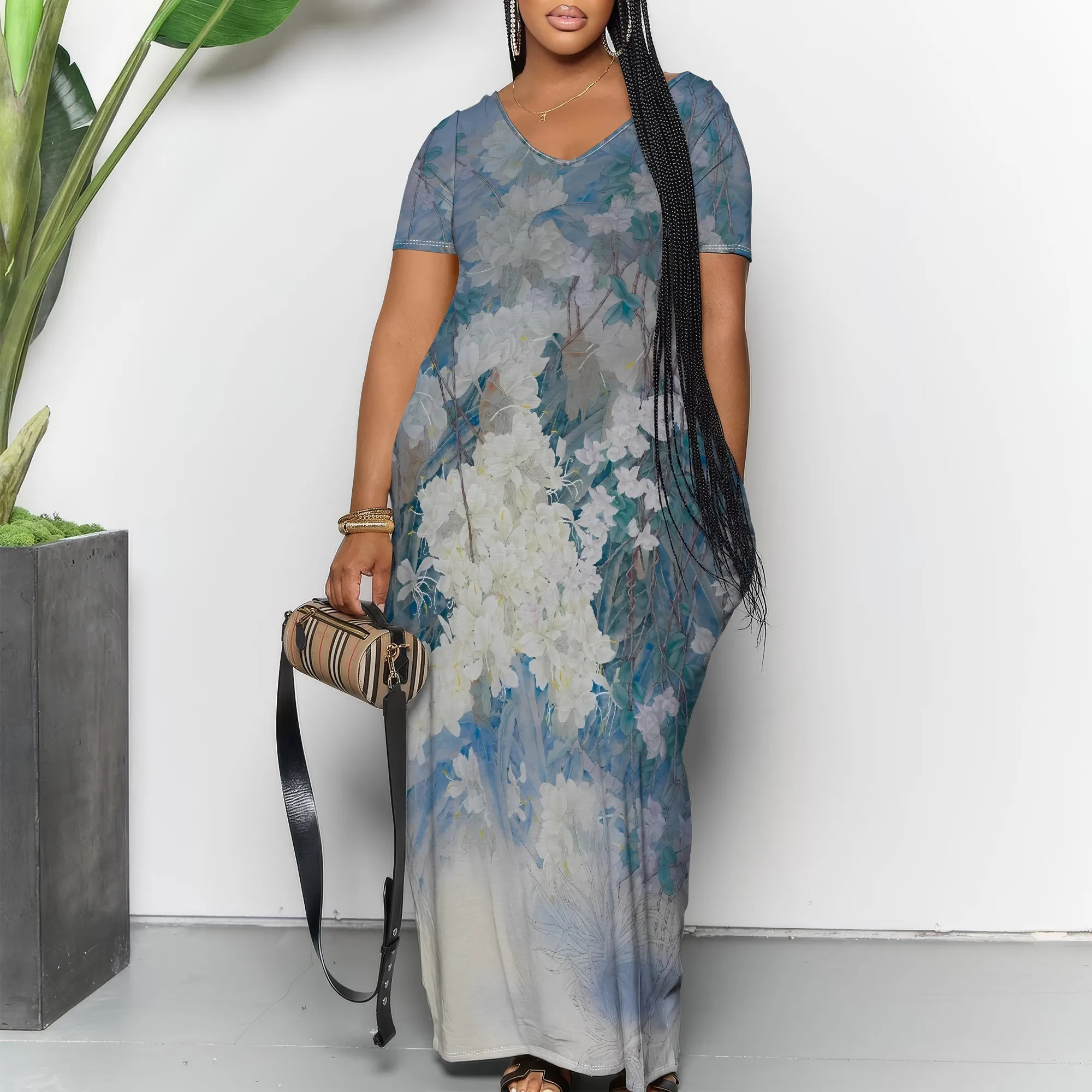 Abito lungo con scollo a V floreale sfumato Elegante abito da vacanza estiva Boho