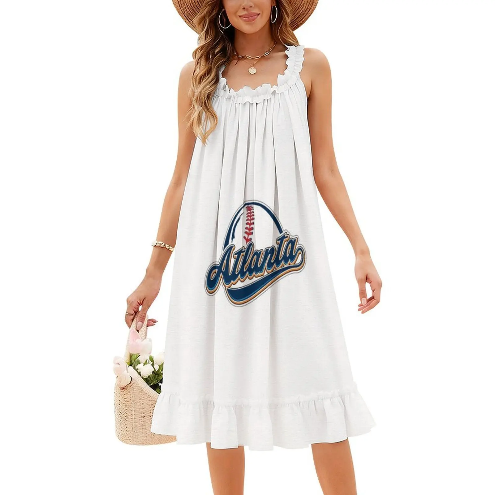 فستان بيسبول أتلانتا على الطراز الكوري للنساء فستان كاجوال أنيق للحفلات أو الارتداء اليومي كرة أتلانتا البيسبول الرياضة البيسبول