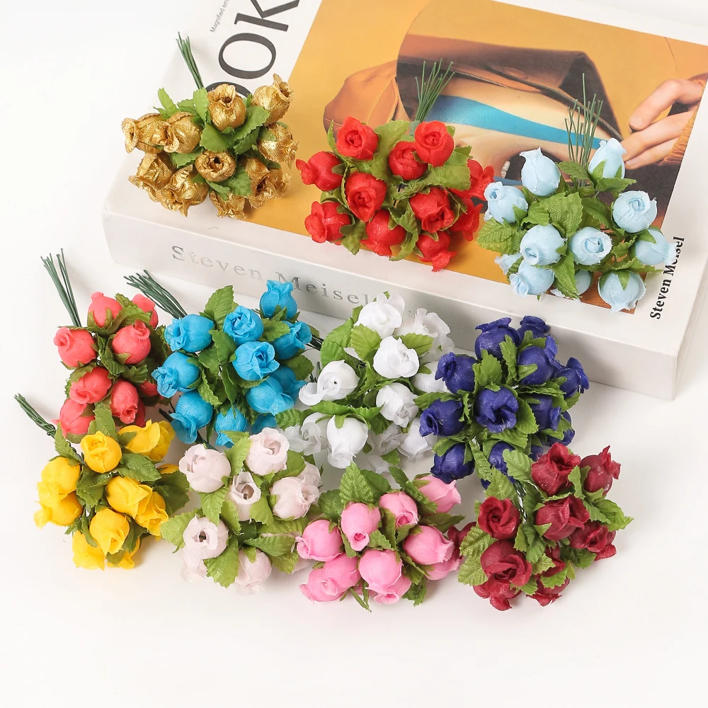 12heads/Bundle 2cm Artificial Flowers Silk Rose Mini Bouquet For Christmas Home Wedding New Year DIY Wreath Gift Box Decorations