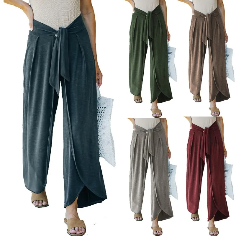 Women Summer Knit Casual Pants Tie Waist Wrap Split Wide Leg Long Trousers Daily Wear